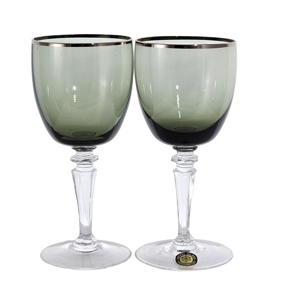 Sasaki Glass Silver Rim Grey Wine Glasses 6" set/2 toasting mid century modern